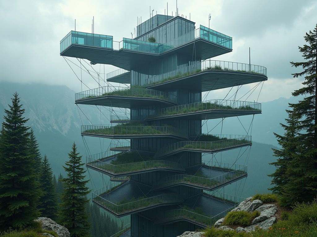 This image showcases a modern architectural structure, a towering building nestled amidst a mountainous forest landscape. The building exhibits a unique spiral design, with each level featuring expansive glass surfaces and lush green terraces, blending seamlessly with the surrounding natural environment. The misty backdrop of mountains and clouds adds to the serene and harmonious feel of the scene.