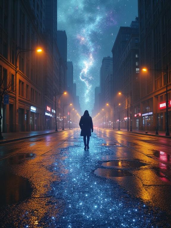 A lone figure walks in a city. Street is wet from the rain. Cosmic stars and nebulae flow through concrete. Detailed cracks and stardust visible. Hyperrealistic scene. Medium shot shows contrast of urban and cosmic elements. Mix of warm and cool lighting. Awe and wonder in atmosphere. 8K resolution.