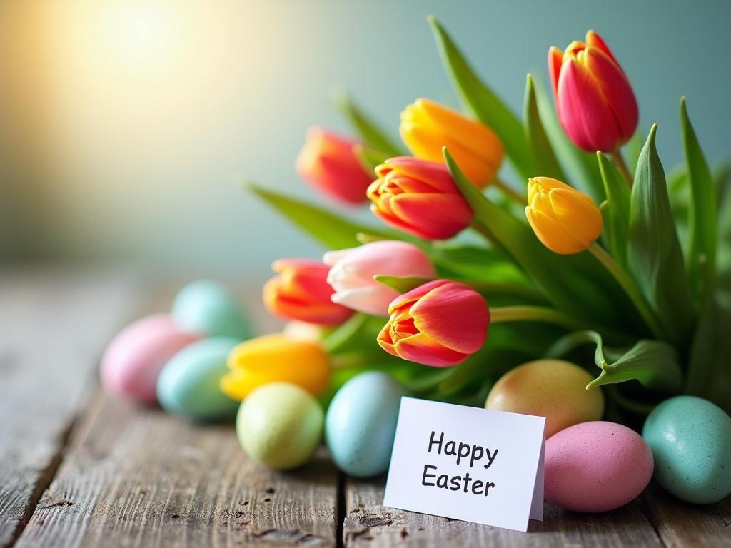 Create a festive Easter scene featuring a bouquet of colorful tulips resting on a rustic wooden table. Include a variety of pastel-colored Easter eggs arranged alongside the flowers, such as pink, green, yellow, and blue eggs. A small card with the message "Happy Easter" should be clearly visible and positioned next to the eggs. The overall atmosphere should be bright and cheerful, reflecting the joy of the Easter holiday. Make sure the lighting enhances the colors of the eggs and flowers, giving a warm and inviting feel.