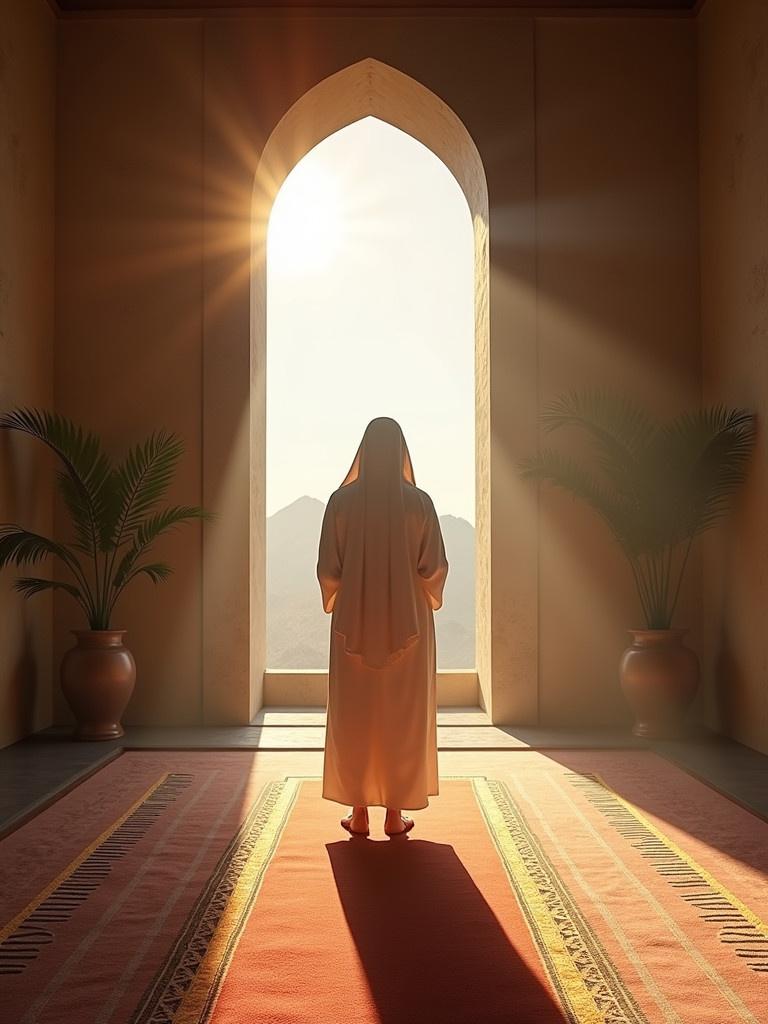 A person stands quietly in a room. The room has a prayer mat and a large window. Sunlight enters the room, casting a warm glow. There are potted plants visible. The person is dressed in traditional attire. The mountains can be seen in the background through the window.