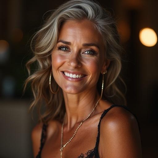 Portrait of a confident woman with graceful curves. Warm smile and captivating eyes. Rich skin tone radiates a healthy glow. Sophisticated fashion blends classic and contemporary elements. Poised and self-assured presence. Her charm commands attention.