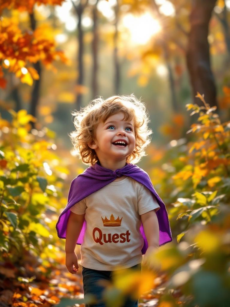 Joyful four-year-old child wanders vibrant forest. Colorful foliage surrounds child with warm sunlight shining through leaves. Child wears purple cape and shirt with word Quest. Eyes show awe towards towering trees. Leaves shimmer with various colors. Laughter mixes with nature sounds. Scene embodies spirit of adventure and curiosity.