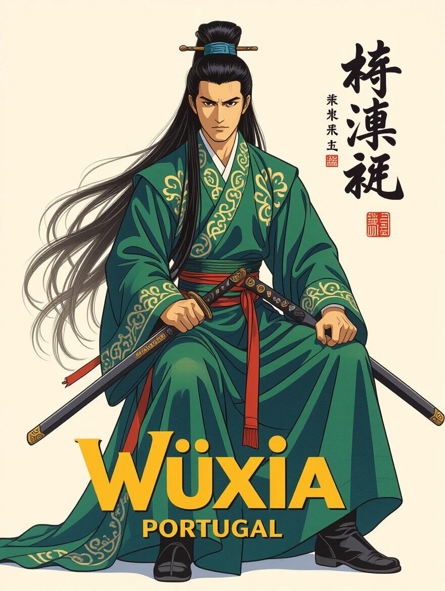 Full body depiction of an old master with long hair in traditional attire. Action movie poster for Wuxia titled Portugal. Emphasizes martial arts aesthetics and cultural attire.