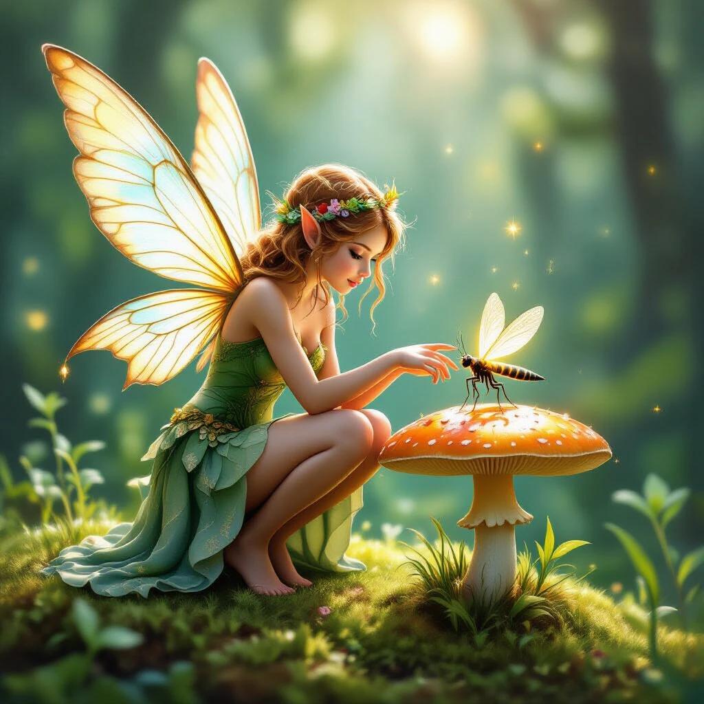 golden-winged fairy kneeling on dewy mushroom reaching out to glowing firefly hyper-realistic watercolor PNG