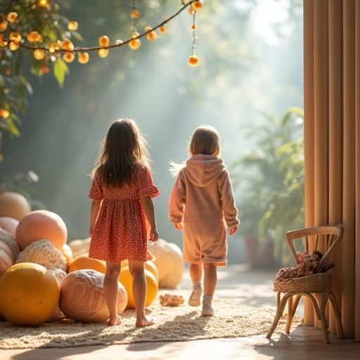 Children exploring a bright indoor area filled with soft toys and warm light. Two girls stand with their backs to the camera. The scene is cozy and inviting, inviting creativity and curiosity.