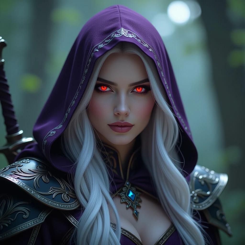 Ultra detailed portrait of a beautiful elven woman with glowing red eyes and long silver-white hair. Dressed in ornate dark ranger armor with a dark purple hood. The background features a fantasy forest with cinematic lighting and dramatic shadows.
