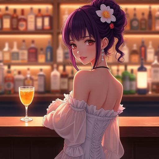 A semi-anime beauty stands at a stylish bar. Wearing a white off-shoulder dress with delicate flowers. Deep violet hair styled elegantly with flowers. Long earrings dangle as she faces the bar counter. A glass holds an orange drink in front. Softly lit shelves of alcohol create a warm environment. Cozy yet sophisticated ambiance in a digital painting with romantic mood.