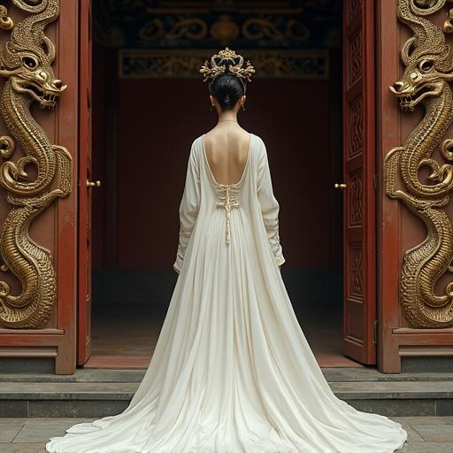 A young Asian woman wears a white dress resembling a traditional princess. She stands with her back to the viewer in front of a temple. The dress features intricate designs. The scene includes dragon motifs and ancient bronze design influences. High contrast highlights the metallic texture. The composition emphasizes prominent cultural symbols.