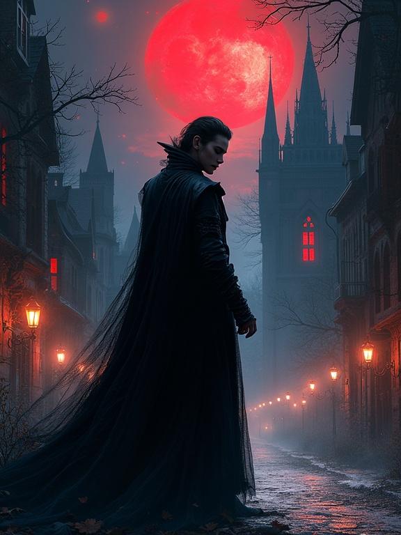 Book cover illustration featuring a Vampire King. Many vampires of varied genders depicted. Gothic and mystical atmosphere. Terrific mood with a modern city backdrop.