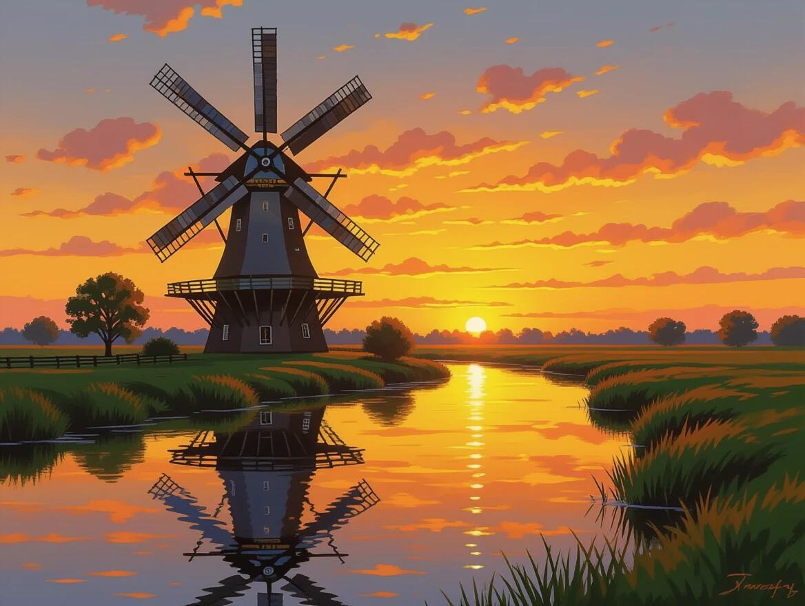A majestic windmill stands against a golden sunset sky. The sunset is reflected in a peaceful stream below. The artwork features complementary colors and fine details. It resembles an oil painting style.