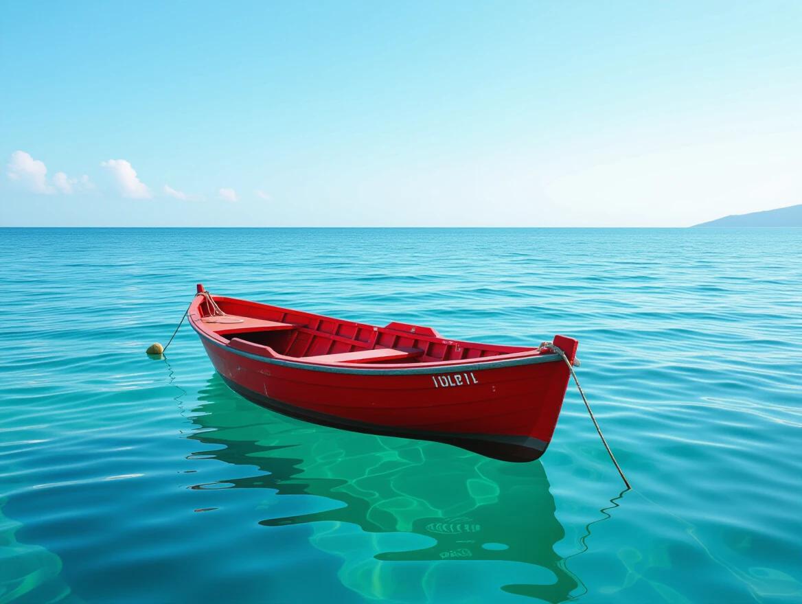 Minimalist photograph of a small red boat on a calm ocean. Vast negative space shows clear blue water and sky around the boat. Very simple composition emphasizes solitude.