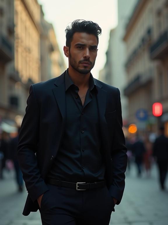 A handsome latino man dressed in a dark suit and shirt walks through a busy street. He appears to be looking back with a fearful expression. Urban environment filled with people and soft background lighting sets the scene.