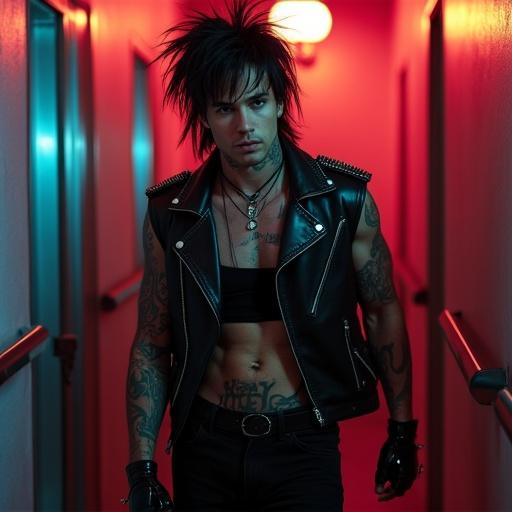 Handsome punk male with messy black mullet walks out of nightclub bathroom. Skin is tattooed and shining under neon lights. Wears sleeveless studded leather jacket and ripped crop top with tight black jeans and combat boots.