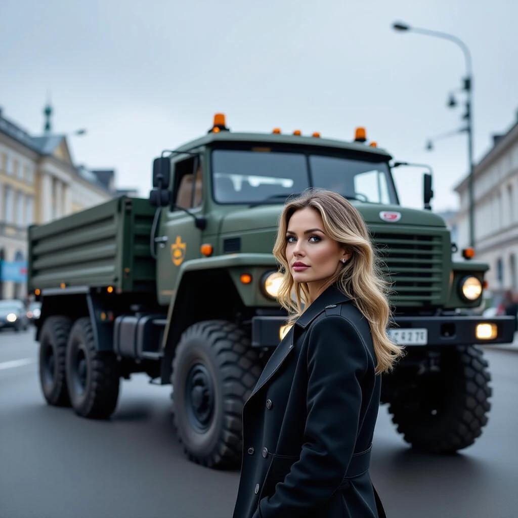 Ultra detailed image of a mature woman looking at a large Soviet military truck on a street. The emphasis is on the sharpness and details of the woman and the truck in a photorealistic style.