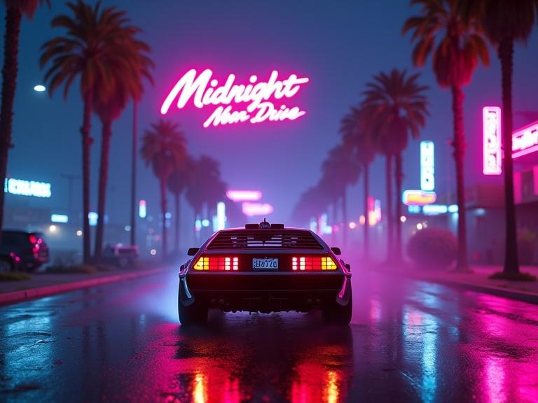 Retro 1980s synthwave scene at midnight featuring a futuristic sports car driving on a wet neon-lit street. The car is centered with glowing taillights reflecting off shiny pavement. Background includes neon signs, palm trees, and suburban building silhouettes under a dark sky. Light fog adds atmosphere. Image has a cinematic, painterly, grainy texture with rain effects enhancing mood. Title 'Midnight Neon Drive' prominently displayed in bold, retro-futuristic font at the top.
