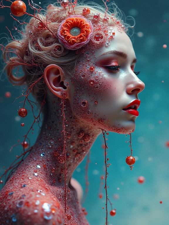 A woman with intricate details on her skin. She has a flower accessory in her hair. The scene is infused with cosmic and ethereal elements. The style reflects ink art with fantastical themes. The woman's profile shows artistic and surreal characteristics.