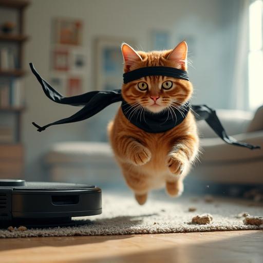A hyper-realistic photo of a ginger cat wearing a black ninja headband. The cat wields a katana mid-leap attacking a robot vacuum. The cat has a fierce expression with its scarf flowing. The vacuum shows panic with expressive eyes. The background is a chaotic living room with overturned furniture and claw marks. Dramatic lighting enhances the scene. Ultra-detailed depicting fur and katana blade.