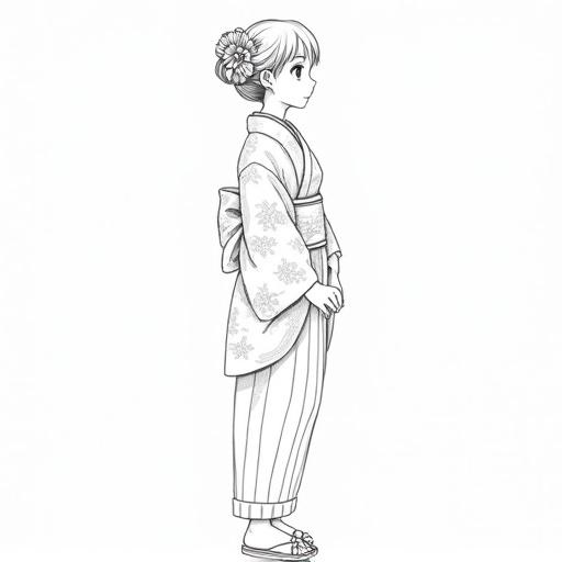 The image shows a young girl in manga style standing in three-quarter profile. She wears a floral patterned kimono over traditional hakama pants. Hair styled with bangs and floral ornaments. Gentle expression with hands joined in front. Wears traditional sandals. The design features clear lines and well-defined floral motifs. The background is white.