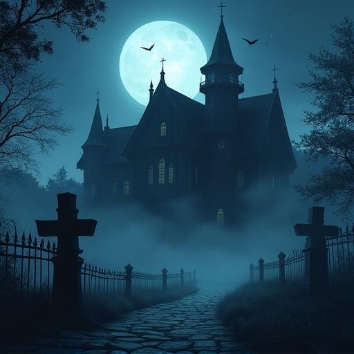 Gothic manor illustrated in anime style surrounded by fog at night. Full moon shines in background. Grave in foreground.