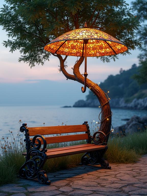A whimsical park bench in a scenic coastal location. The bench features ornate wrought iron with curved wooden seating. A tall lamp post shaped like a tree with a stained-glass umbrella provides shade. Tiny fairy lights glow softly around the branches. The setting is late summer evening by the water.