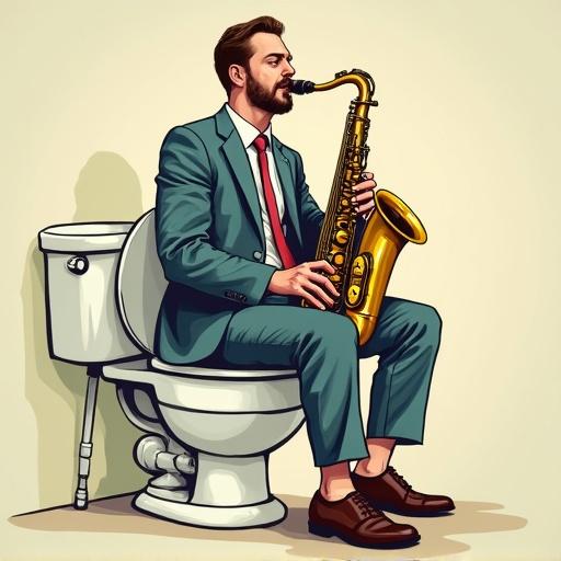 Humorous illustration featuring a man in a suit sitting on a toilet with his pants down while playing a saxophone. The scene combines a whimsical approach to humor and music.