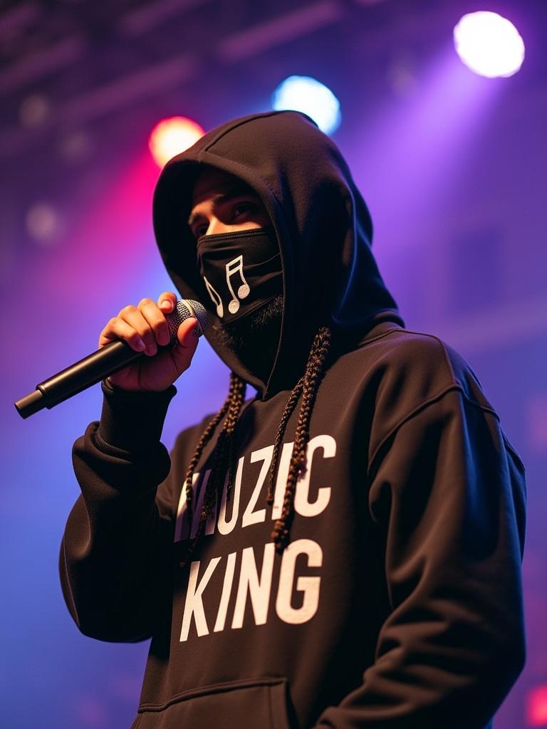 A figure in a hooded sweatshirt labeled Muzic King. Braided hair. No beard. Wearing a mask with a music note. Holding a microphone. Energetic stage environment is visible. Reflects music industry and performance culture.