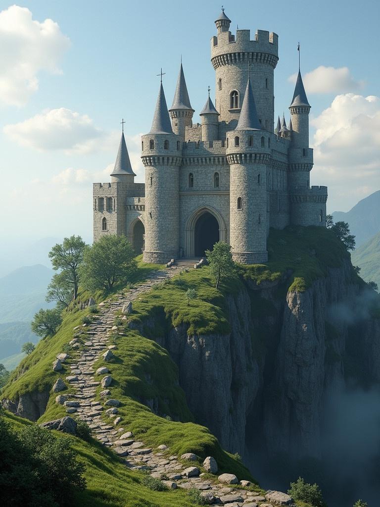 A stone fantasy castle elevated above the land surrounding it. The castle features multiple towers and a grand entrance. The pathway leading to the castle is made of stones and lined with greenery. The background includes distant mountains and a clear blue sky.