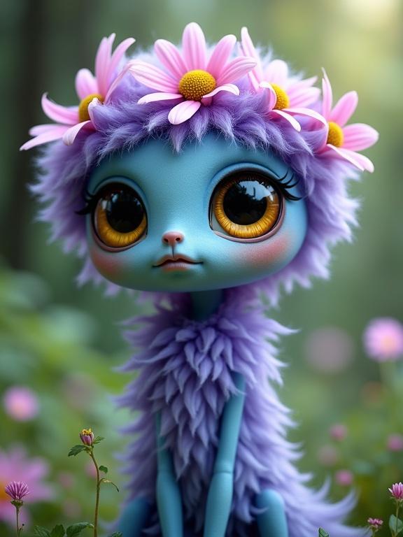 Character design of a dreamlike flower forest sprite. Features a vibrant blue body with a textured coat of lavender petals. Crown of pink-tipped daisies adorns the head. Large golden eyes convey innocence. Long, tapering body with no defined limbs, resembling a floral vine. Fuzzy texture gives a natural feel. Mild, perplexed expression suggests curiosity. Fits seamlessly into a lush garden environment, moving gracefully with nature.