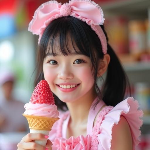 Close-up shot of Japanese idol smiling while holding strawberry ice cream in a pink maid costume.