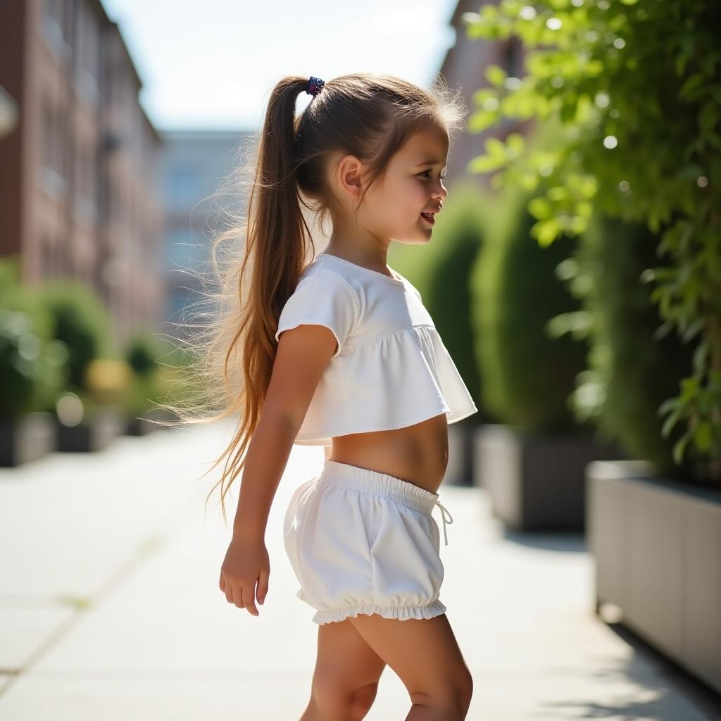 Young girl with long hair in a white two-piece outfit. Standing outdoors, turning slightly. Smiling softly with an urban background featuring buildings and greenery. Relaxed and summery atmosphere.