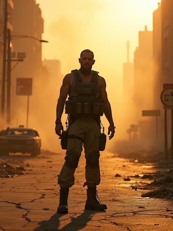 A hyperreal full-body cinematic portrait of a lone apocalypse survivor. Individual stands in a decimated urban street. Backlit by a hazy orange sky filled with smoke. Cracked pavement with rusted street signs and abandoned vehicles nearby. Survivor wears scavenged tactical gear and mismatched armor plates. Gas mask hangs loosely from neck. Dried blood stains on torn sleeves. Sunlight creates long shadows. Camera simulates RED Komodo 6K with 35mm anamorphic lens. Dramatic spotlight illuminates silhouette. Texture realism includes burned concrete and rusted steel. Styled like editorial still from a lost sci-fi war film.