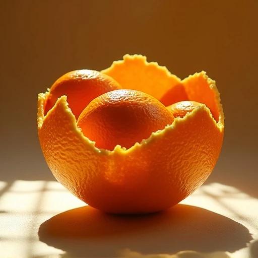 Realistic representation of a bowl made from orange peels. Focus on oranges inside the peel bowl. Detail on the peel texture is visible. Light creates sharp shadows on the surface.