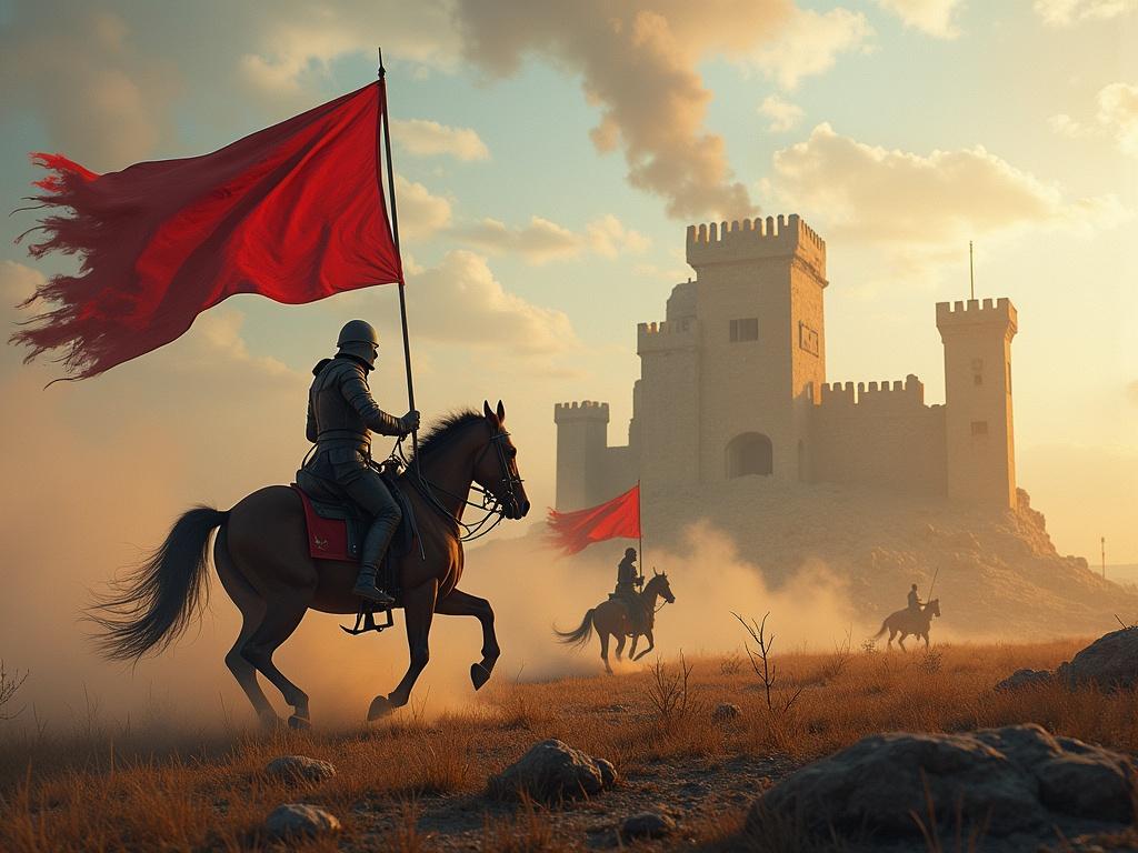Knights on horseback charge through a battlefield. Red flags wave in the air. A castle stands in the background amid smoke. The atmosphere is thick with the remnants of conflict. Sunlight breaks through the clouds. The scene captures both drama and heroism. Emphasize valiant poses of knights. Combine elements of myth and history. Include details of the environment and emotions of battle.