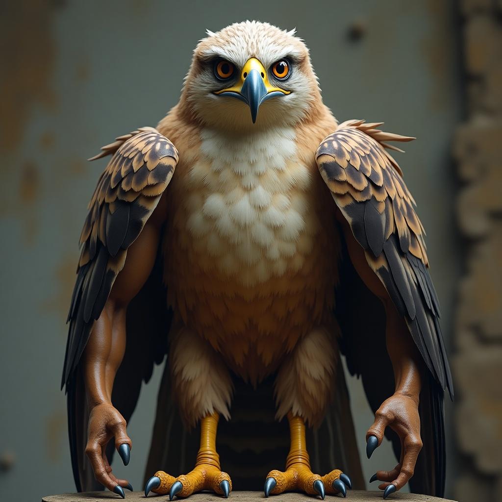 The creature combines hawk and human traits. It stands upright. Sharp eyes show intelligence. Arms are feathered turning into talon-like hands. The chest merges feathers and skin. The face has a regal beak and expressive eyes. The beak has holes for sound.