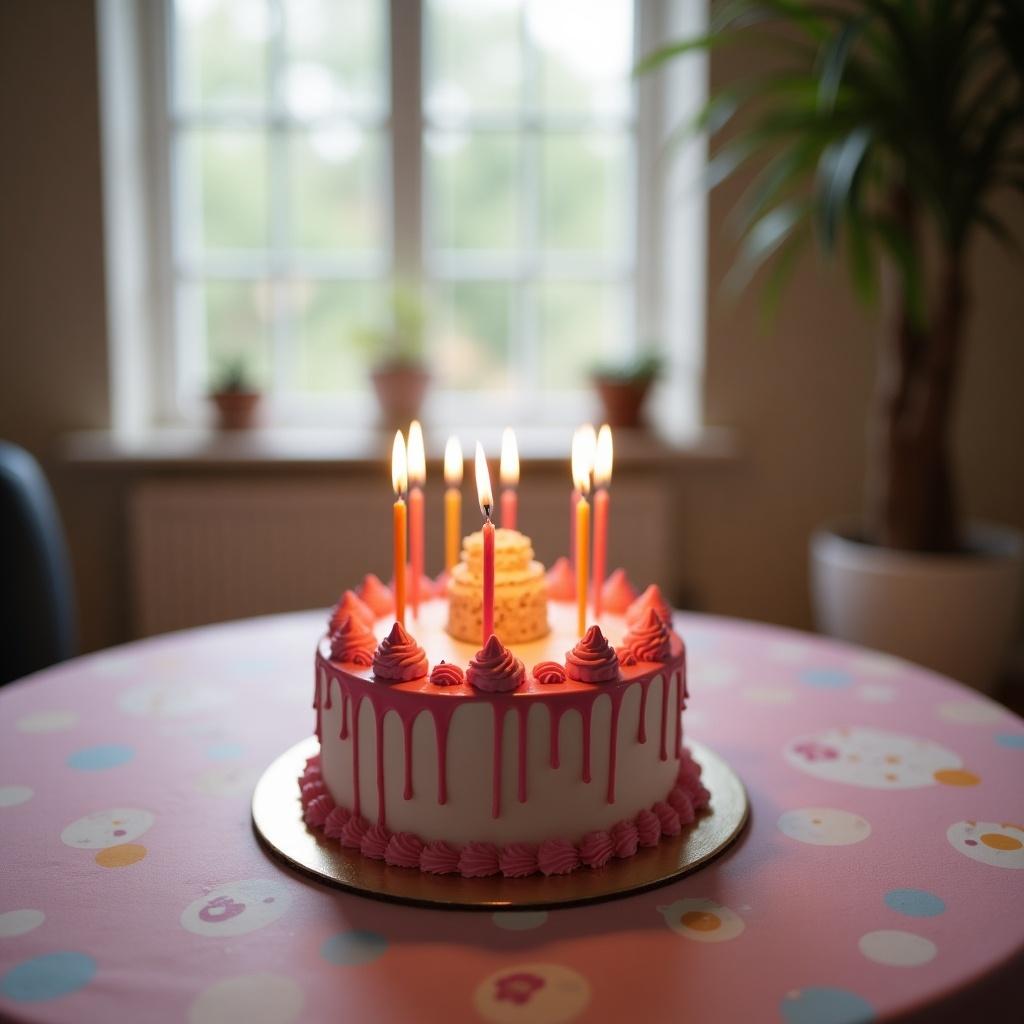 Interior setting features a decorated birthday cake on a table. Cake has lit candles and pink frosting. Decorative elements enhance the festive look. Soft colors provide a celebratory atmosphere.