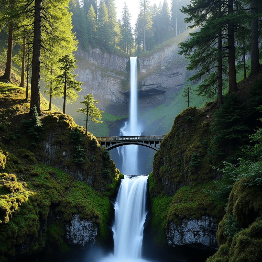 A tall, majestic waterfall cascades down a lush, forested cliff beside a scenic bridge.