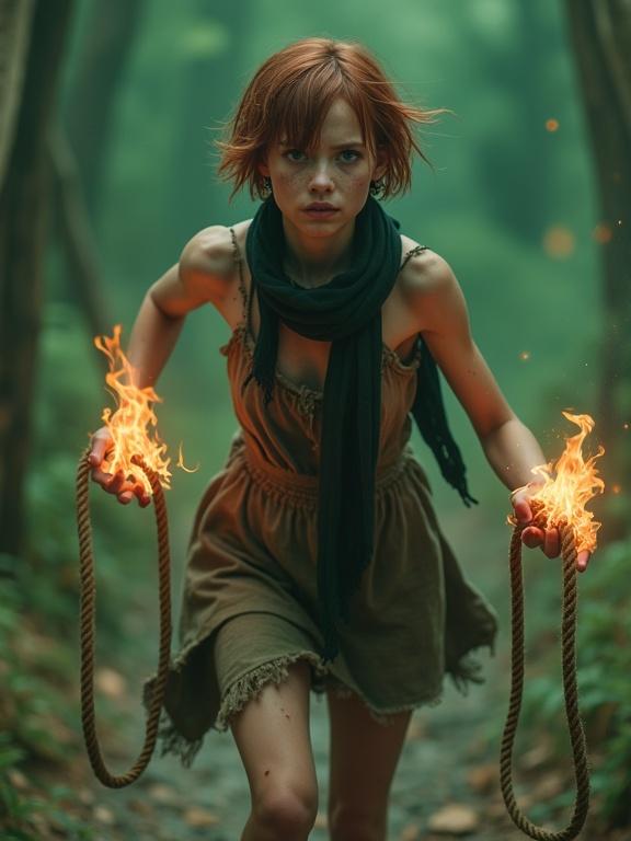 Photorealistic full body shot of a pretty young woman running in a fantasy forest. She has short auburn hair, pale skin, freckles, and blue eyes. Tears stream down her face. A torn dress and a thin black scarf are worn. Burning ropes are loosely held in her hands with green fire. There is a sense of horror as she looks at the flames.