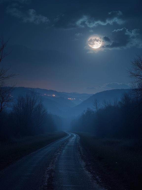 Artistic shot of a night landscape showing a winding road under a bright moon. Background of mountains with soft clouds lighting up the scene.
