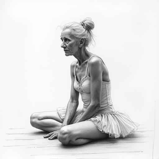 Rough pencil sketch depicting an elderly ballerina seated on the floor.