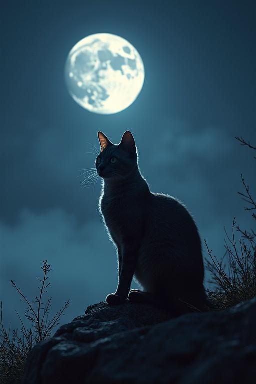 A cat sits on a rock during night. The moon shines brightly overhead illuminating the surroundings. Clouds subtly drift in the night sky. The image captures a serene moment.