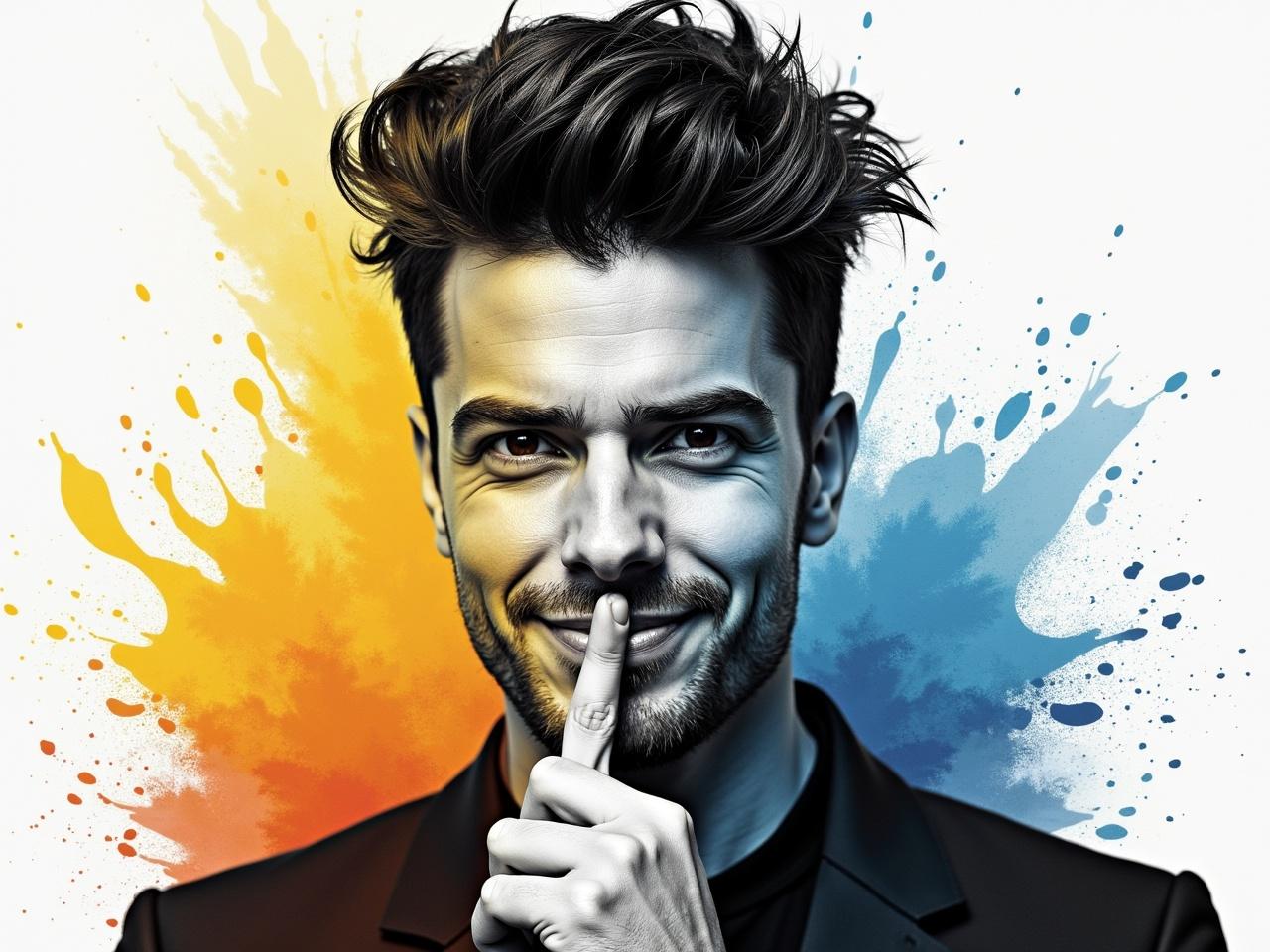 A black and white portrait of a man with striking features and a slight smirk. He has styled hair and is making a 'shh' gesture with his finger to his lips. The background is overlaid with colorful paint splashes, creating a vibrant contrast against the monochrome tone of the image. The paint splashes are dynamic and energetic, adding a sense of movement and artistic flair. The colors used range from bright yellows to deep blues, enhancing the overall visual appeal of the portrait.