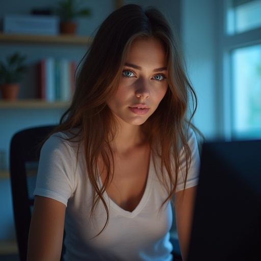 A woman with beautiful blue eyes and long brown hair sits at a computer. She wears a T-shirt with a big neckline and leggings. She is streaming online. The background shows a workspace with bookshelves. The lighting highlights her casual and comfortable appearance.