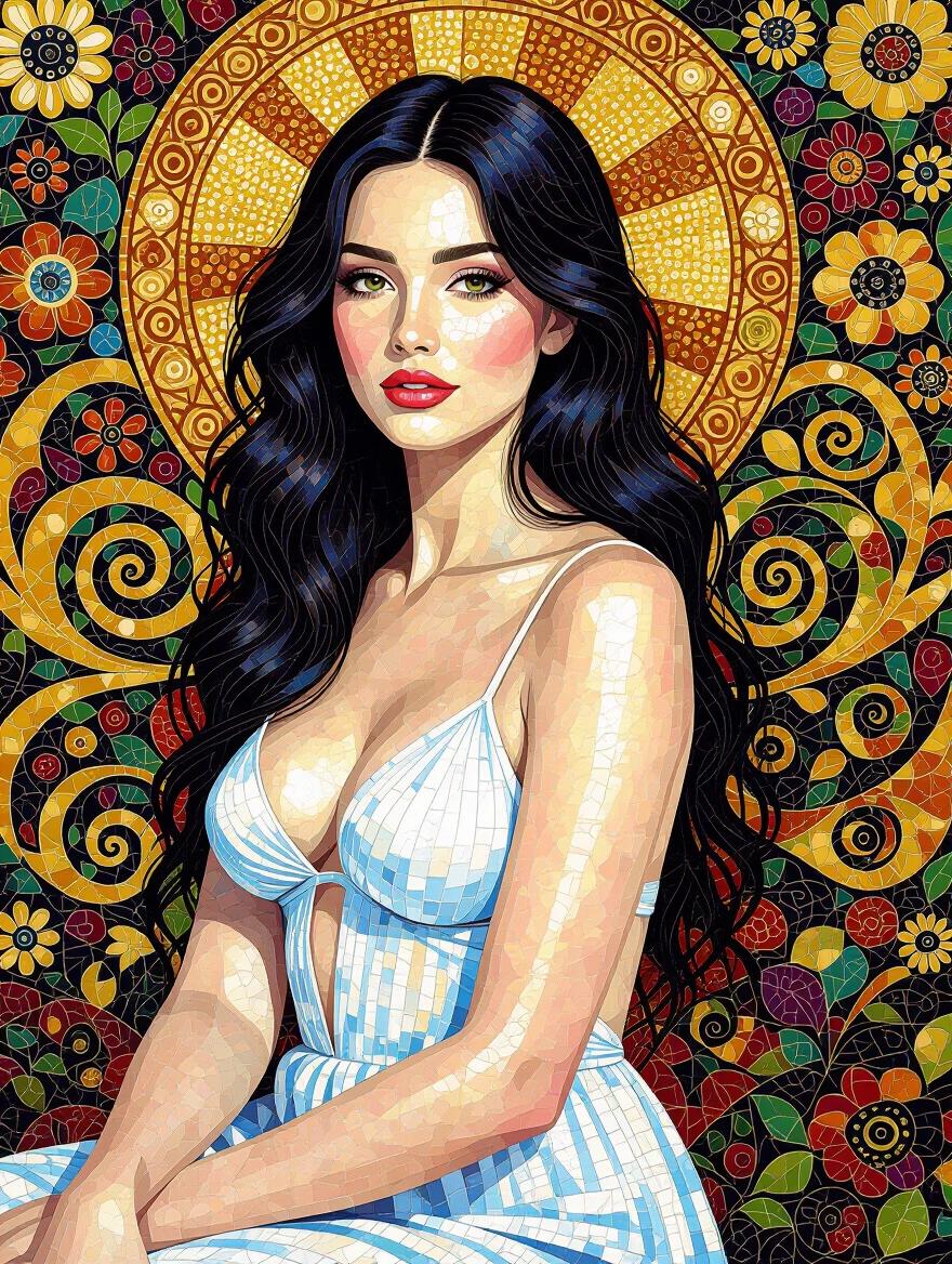 Artistic representation of a woman in a pointillist style. Nude figure shows skin tones and flowing hair. Background filled with floral patterns and swirling designs in vibrant colors.