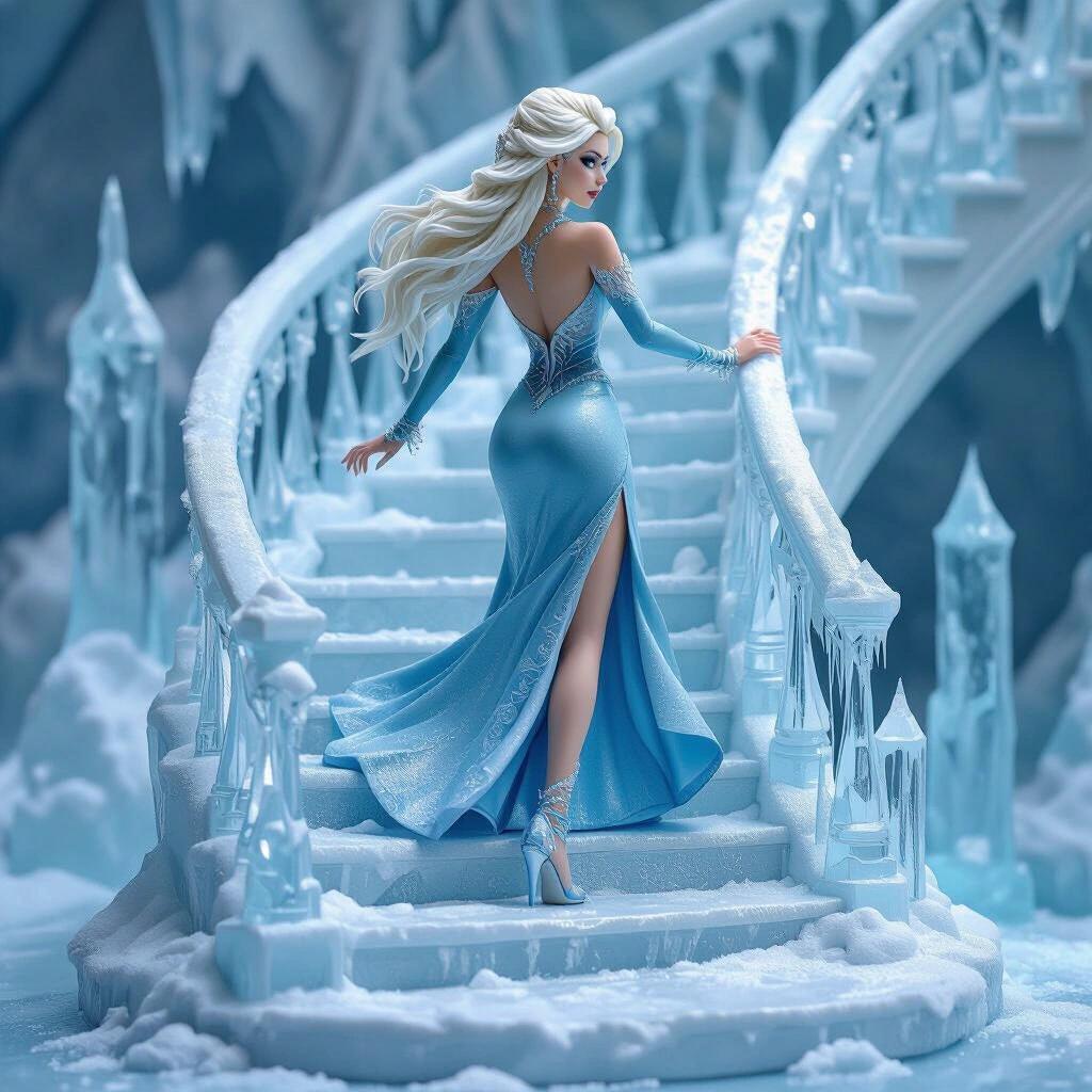 Ultra-detailed resin collectible figure inspired by Frozen. Ice Sorceress climbing ornate half-finished icy staircase. Back to camera, turning gaze. Long white blonde hair, icy blue eyes, elegant makeup, seductive attitude. Wearing tight shiny whitish-blue dress, plunging neckline, leg slit. High heels, ice crystal jewelry. Base decorated with stairs, snow textures, ascending ice towers. High-end resin printing.