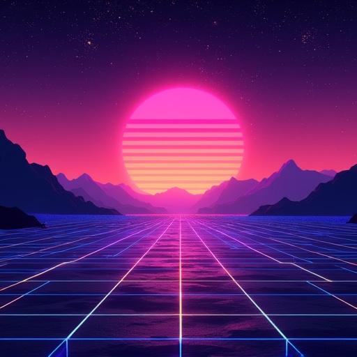 80s retro sci-fi background features neon mesh infinite horizon with mountains. The vibrant sunrise or sunset night sky filled with stars. The glowing vivid neon colors styled like a retro futuristic video game landscape.