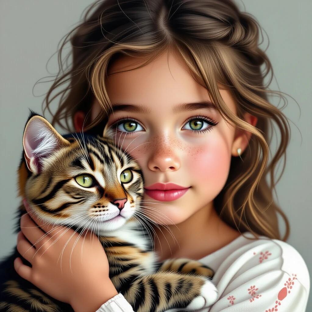 Ultrarealistic fine-art illustration of a young girl with freckles holding a cat. The image is evocative and clear with high key lighting.
