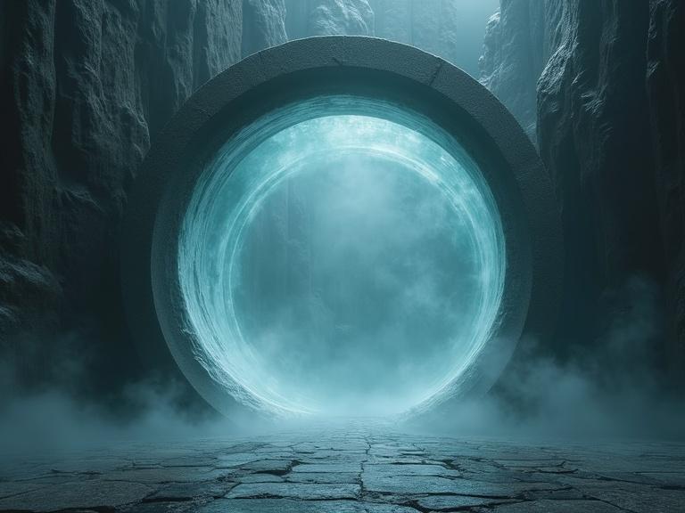 Hyper detailed hyper realistic rendering of an oval-shaped interdimensional portal that is 150% taller than wide featuring an opaque maelstrom outer ring and a translucent watery interior that swirls toward the center in a barren room with a rough stone slab floor and a thick swirling magical mist in the background with chiaroscuro lighting in an eye-level wide shot and off-center composition giving the image a magical and mysterious feel.