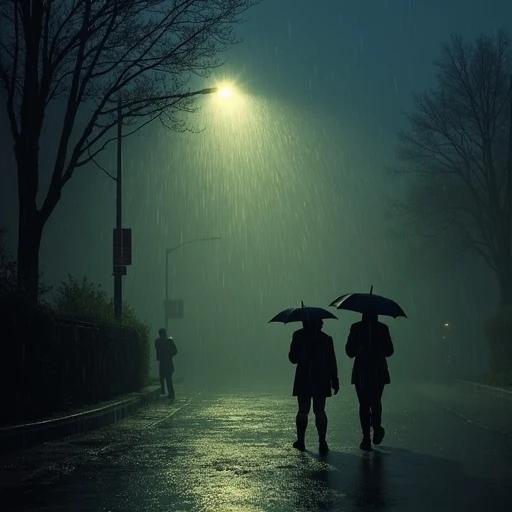 Rain falls softly on a quiet street. A streetlamp casts a faint glow. Umbrellas keep figures dry. Puddles reflect light. Shadows dominate the scene.