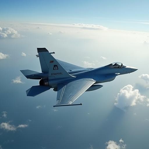 Fighter jet flying in a blue sky with clouds. Jet appears sleek and modern. Bright daylight enhances details. Side perspective captures dynamic movement.