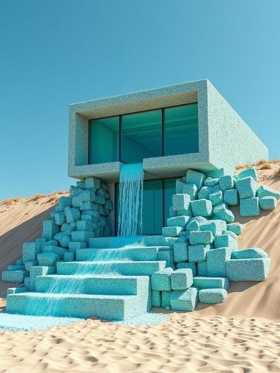 Surreal art installation on a sandy beach features a modernist building made of vibrant Tiffany blue material resembling crushed gemstones. The structure has large windows and a clean facade. A waterfall cascades from an opening on the upper level onto a pile of large, angular teal blocks forming steps. The building is partially embedded in a sand dune with surrounding loose sand. Clear blue sky enhances the image contrast.
